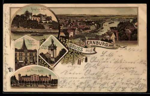 Lithographie Bernburg, Carls-Platz mit Kaserne, Wolfgang-Denkmal am Rathaus