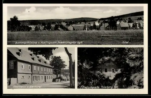 AK Friedrichsgrün /Vgtl., Gasthaus und Bäckerei von Ernst Beck, Radiumquelle Thierberg, Totalansicht des Ortes