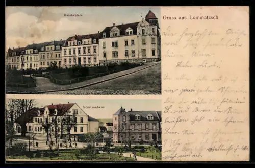 AK Lommatzsch, Gaststätte Schützenhaus mit Umgebung, Reichsplatz mit Häuserzeile