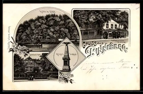 Lithographie Pinneberg, Gasthof zur Eiche von F. Strupp, Krieger-Denkmal