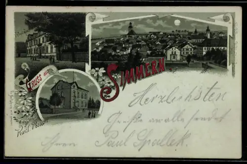 Mondschein-Lithographie Simmern, Kaiserliches Postamt, Kreishaus, Ortsansicht mit Kirche