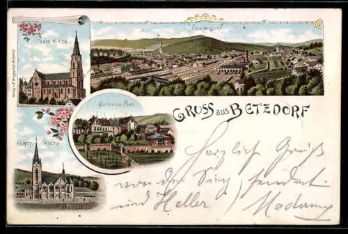 Lithographie Betzdorf, Germania-Bad, Kath. und Ev. Kirche