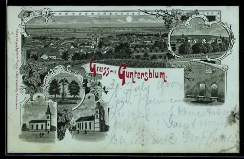 Mondschein-Lithographie Guntersblum, Kellerweg von Norden, Kath. Kirche, Kriegerdenkmal, St. Julianenbrunnen