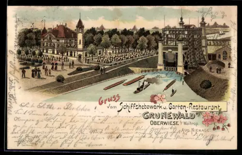 Lithographie Oberwiese b. Waltrop, Schiffshebewerk und Restaurant Grunewald