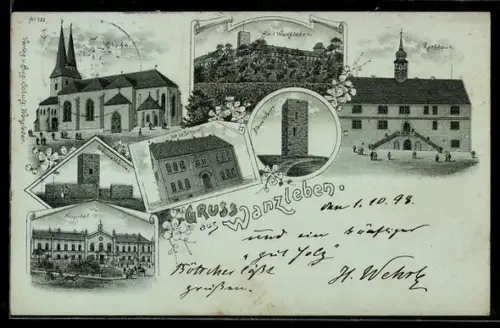 Mondschein-Lithographie Wanzleben, Neue Schule, Hospital, Rathaus, Kirche