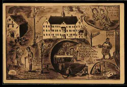 Künstler-AK Uelzen, Seminar-Aufnahmeprüfung bestanden, Studenten im Gasthaus zur guten Quelle