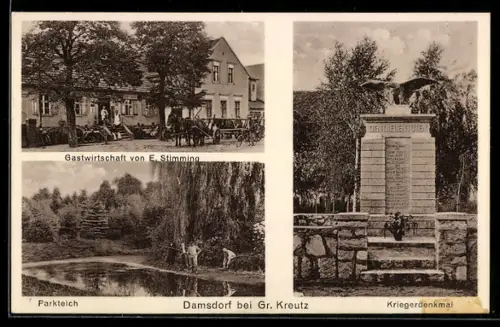 AK Damsdorf bei Gr. Kreutz, Gasthaus v. E. Stimming, Parkteich, Kriegerdenkmal