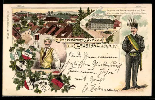 Lithographie Clausthal, Königll. Bergacademie und Römerdenkmal, Student in Uniform, Studentenwappen