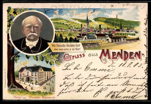 Lithographie Menden i. W., Hotel zum Fürsten Bismarck, Inh. Wwe. Gust. Köllmann, Bahnhof, Porträt Bismarck