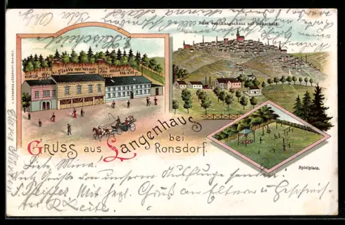 Lithographie Rohnsdorf, Gasthaus Langenhaus, Spielplatz
