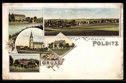 Lithographie Polditz, Gasthof zum heiteren Blick, Gasthof zum schwarzen Bär, Oberförsterei Seidewitz