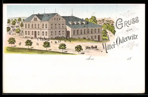 Lithographie Oderwitz, Gasthof zum Kretscham, Pferdekutschen