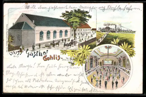 Lithographie Gohlis, Gasthof, Dampfschifflandungsplatz