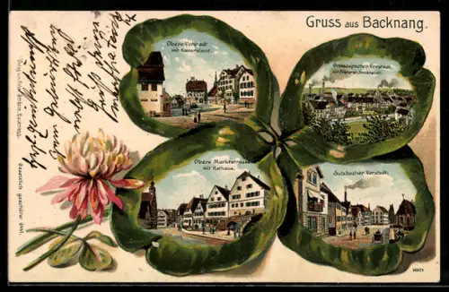 Passepartout-Lithographie Backnang, Obere Vorstadt mit Kameralamt, Obere Marktstrasse mit Rathaus, Sulzbacher Vorstadt