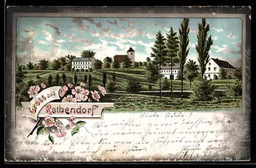 Lithographie Rathendorf, Ortsansicht mit Kirche
