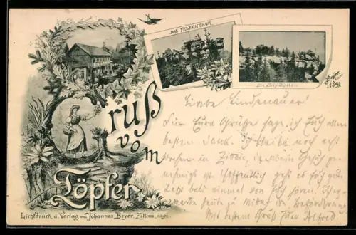 AK Oybin, Felsenthor, Gasthaus Töpfer, Felsformation die Schildkröte, Verlag Johannes Beyer 1891