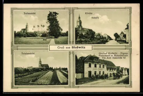 AK Blosswitz, Gasthof Blosswitz mit Fleischerei, Kirche, Total- und Teilansicht