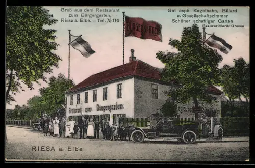 AK Riesa a. Elbe, Restaurant zum Bürgergarten mit Personal und Familie