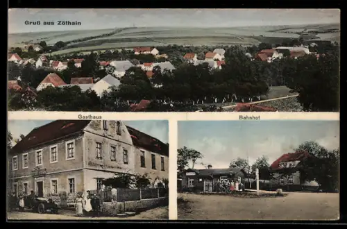 AK Zöthain, Blick auf den Gasthof, Bahnhof, Ortsansicht