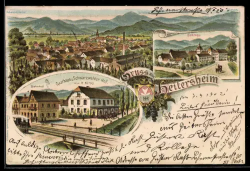 Lithographie Heitersheim, Gasthaus z. Schwarzwalder Hof v. K. Kind, Bahnhof, Schloss