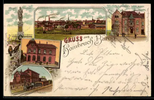 Lithographie Hombruch-Barop, Kaiserl. Postamt, Amtshaus, Bahnhof, Kriegerdenkmal