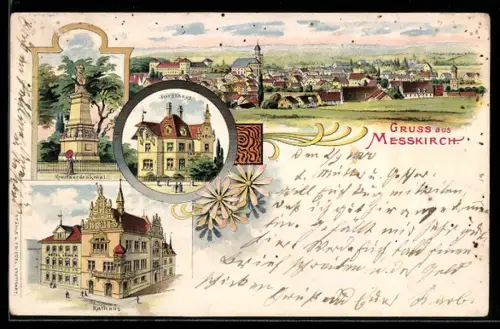 Lithographie Messkirch, Gesamtansicht, Forsthaus, Kreutzerdenkmal, Rathaus