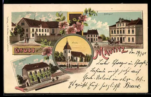 Lithographie Mautitz, Gasthaus, Kirche, Schule, Rittergut