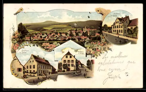 Lithographie Liel, Gasthaus z. Sonne, Gasthaus z. Hirsch, Gasthaus z. Krone