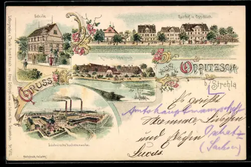 Lithographie Oppitzsch b. Strehla, Gasthof, Rittergut, Sächsische Dachsteinfabrik, Schule