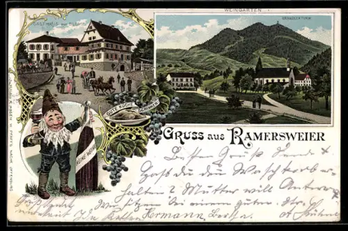 Lithographie Rammersweier, Gasthaus zur Blume, Brandeckturm, Zwerg mit Weinflasche