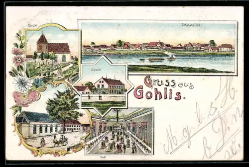 Lithographie Gohlis, Kirche, Schule, Saal des Gasthauses