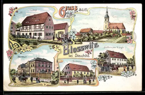 AK Blosswitz bei Stauchitz, Handlung v. P. Unger, Kirche, Gasthof, Hauptgut, Pfarrhaus