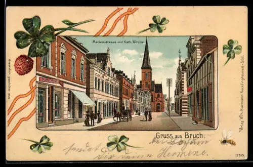 Lithographie Bruch /Bochum, Marienstrasse mit Kath. Kirche, Kleeblatt