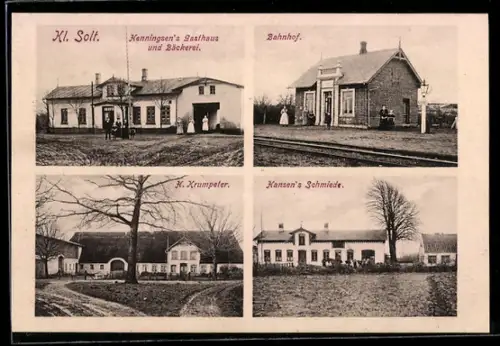 AK Kl. Solt, Henningsen`s Gasthaus und Bäckerei, Bahnhof, Hansens Schmiede, H. Krumpeter