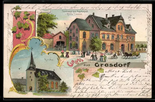 Lithographie Grasdorf, Gasthaus zur Reichspost, Inh. Fritz Haase, Kirche