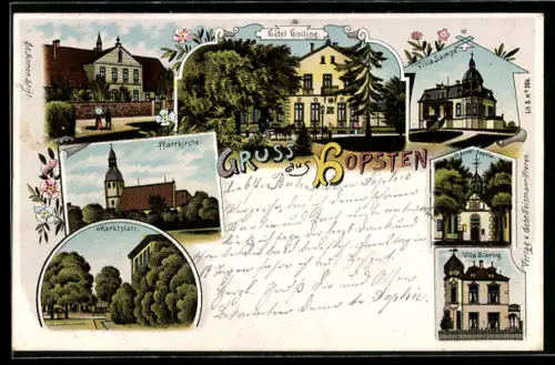 Lithographie Hopsten, Hotel Holling, Marktplatz, Villa Sampe, Villa Siering