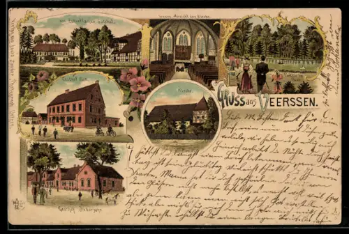 Lithographie Veerssen, Gasthaus Jieberjahn, Estorffscher Gutshof, Kirche