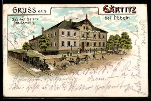 Lithographie Gärtitz, Gasthof von E. Kiessling an der Bahnstrecke