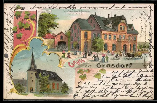 Lithographie Grasdorf, Gasthaus zur Reichspost, Bes. Fritz Haase, Blick zur Kirche