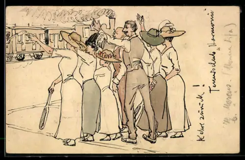 Künstler-AK Handgemalt: Gruppe von Männern und Frauen mit Tennisschlägern winken einem Zug zu