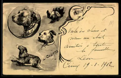 Künstler-AK Handgemalt: Portraits verschiedener Hunde und einer Katze