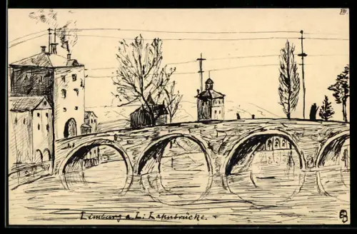 Künstler-AK Handgemalt: Limburg a. L., Lahnbrücke mit Kirche im Hintergrund