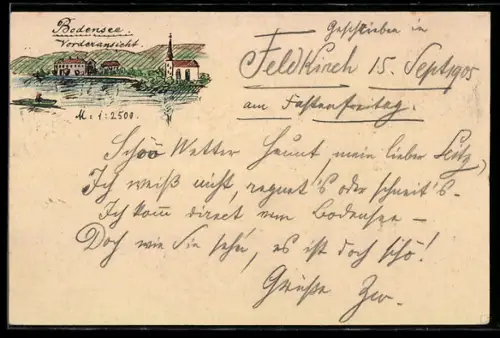 Künstler-AK Handgemalt: Friedrichshafen, Vorderansicht eines Ortes am Bodensee