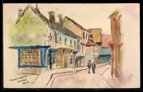 Künstler-AK Handgemalt: Sandwich, Ortspartie mit Fussgängern
