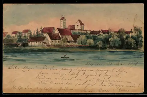 Künstler-AK Handgemalt: Leipheim, Teilansicht des Ortes vom Wasser aus