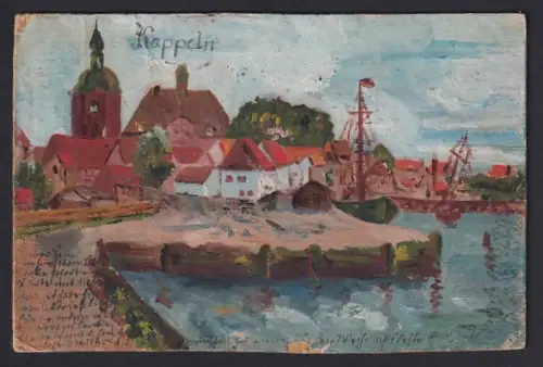 Künstler-AK Handgemalt: Kappeln, Ortsansicht mit Hafenpartie und Kirche