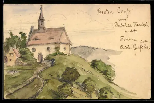 Künstler-AK Handgemalt: Dubitz, Kirche auf einem Hügel mit angrenzendem Haus