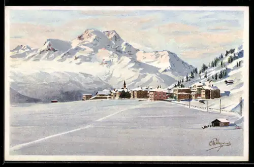 Künstler-AK Carlo Pellegrini: Winterpanorama mit Bergen