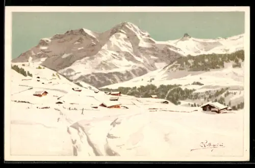 Künstler-AK Carlo Pellegrini: Winterlandschaft in den Bergen