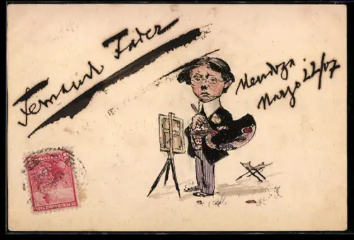 Künstler-AK Handgemalt: Maler Fernand Farer mit Farbpalette vor einer Leinwand